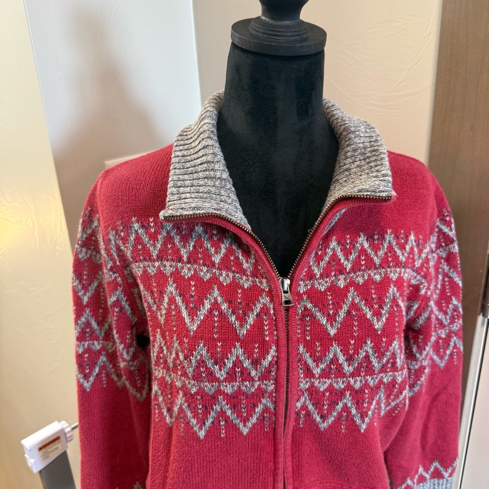 Eddie Bauer Full Zip Fair Isle Collared Grey Red Sweater Christmas Winter Knit L - Picture 2 of 8